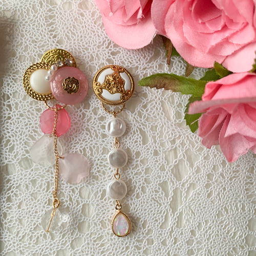 紫 花 ビジュー ボタン 刺繍リボン イヤリング ピアス ヴィンテージ 赤