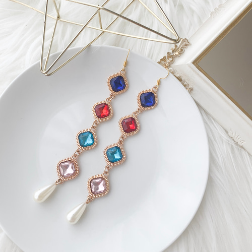 040.ヴィンテージなビジューのカラフルロングピアス/イヤリング ピアス 