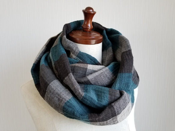 コットンウール　スヌード　チェック柄　ロング 1枚目の画像