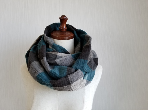 コットンウール　スヌード　チェック柄　ロング 2枚目の画像