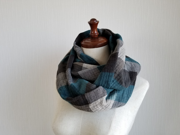 コットンウール　スヌード　チェック柄　ロング 3枚目の画像