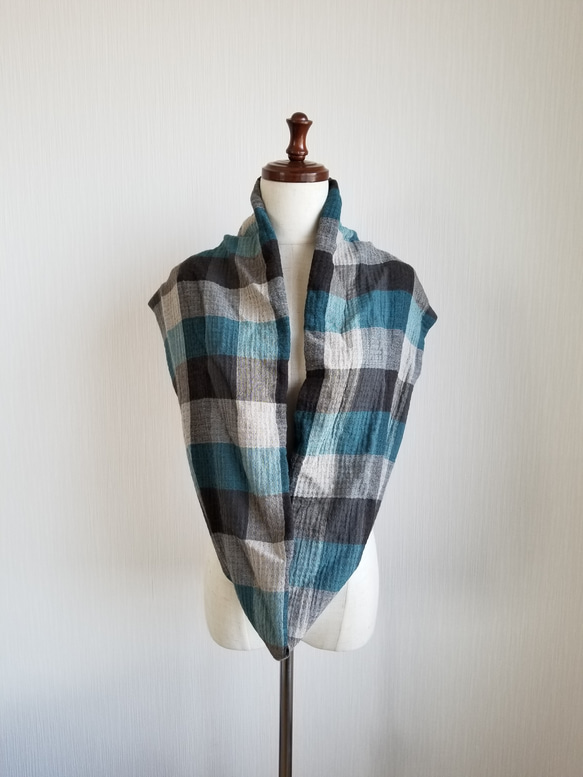 コットンウール　スヌード　チェック柄　ロング 6枚目の画像