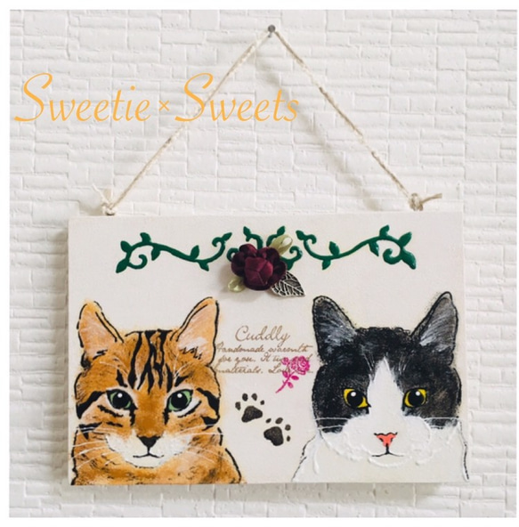 送料無料】ねこ×ねこ仲良しイラストボード/キジトラ猫/白黒猫/ハチワレ