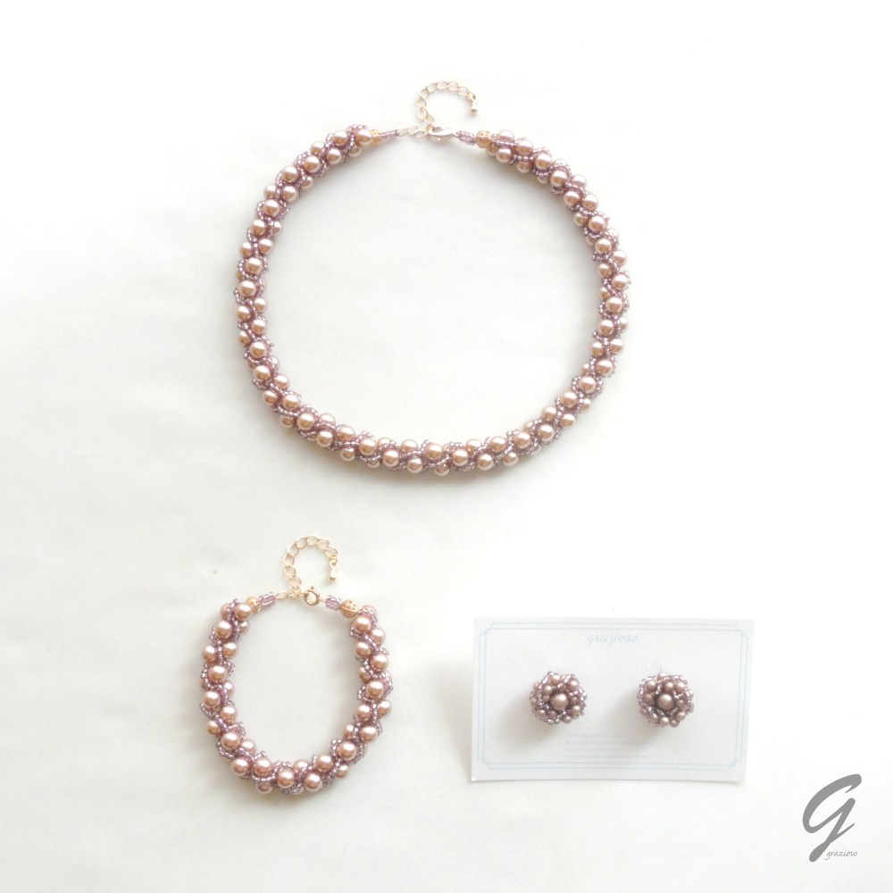 ★3点セット★オールドローズの庭: : : ビーズクロッシェネックレス・ブレスレット・イヤリング