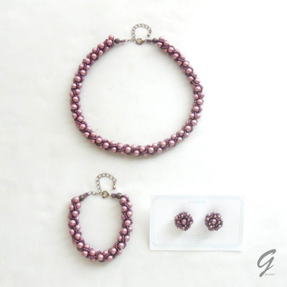 ★3点セット★紫陽花の想い出Ⅱ: : : ビーズクロッシェネックレス・ブレスレット・イヤリング