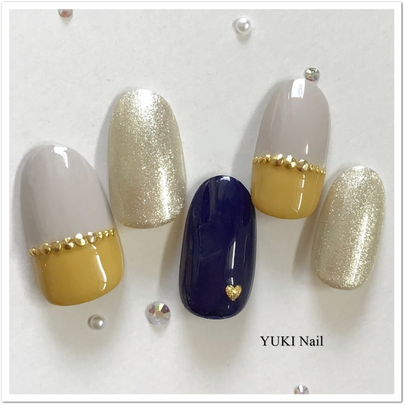ネイビー×マスタードイエローの秋冬カラー ネイルチップ（つけ爪