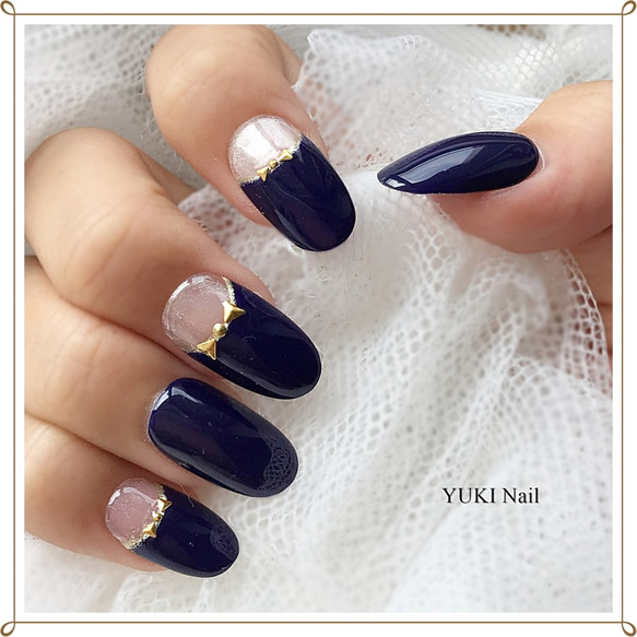 【オーダー】ネイルチップ　ネイビー　ゴールド　リボン　ハート ネイビーのリボンのネイル ネイルチップ（つけ爪） yuki-nail 通販