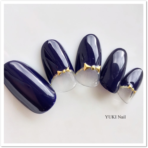 【オーダー】ネイルチップ　ネイビー　ゴールド　リボン　ハート オーダー】ネイルチップ ネイビー ゴールド リボン ハート