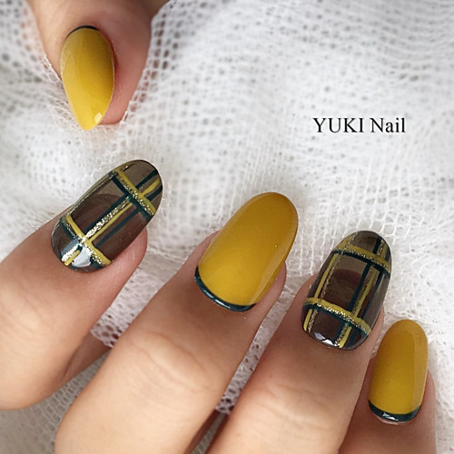 マスタードイエロー×チェックネイル ネイルチップ（つけ爪） yuki-nail