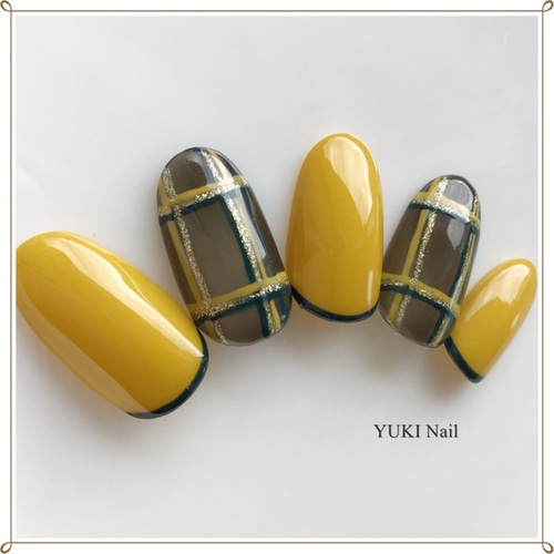 マスタードイエロー×チェックネイル ネイルチップ（つけ爪