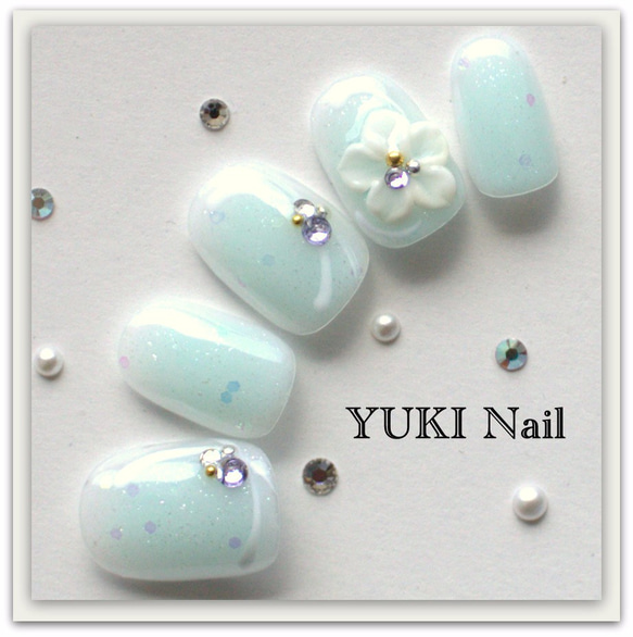 ミントグリーンのふんわりチークネイル/付け爪/ネイルチップ/ネイル