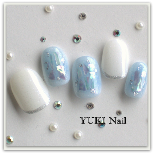 うゆ ホワイトチェック チークネイルチップ ブルーのチークネイル ネイルチップ（つけ爪） yuki-nail 通販