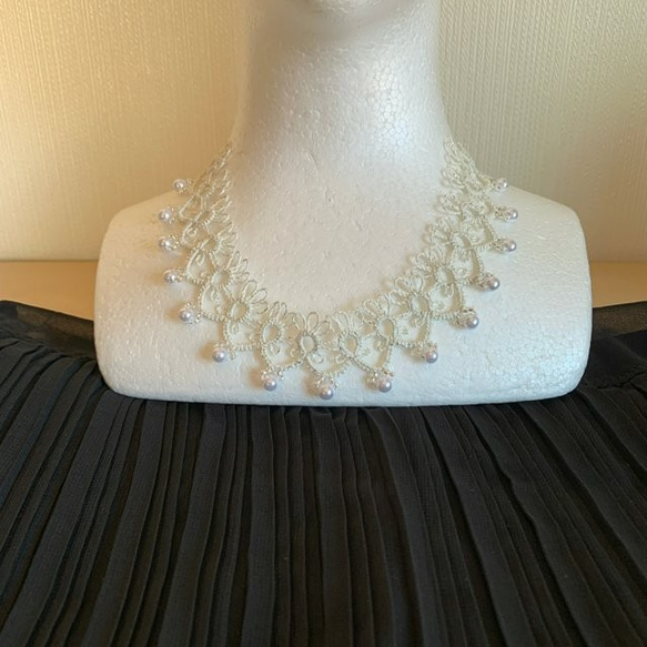 ♥️【4way】チョーカー・ネックレス／人気・定番・上品・豪華／ウエディング♡ブライダル☆タティングレース／白・ホワイト 2枚目の画像