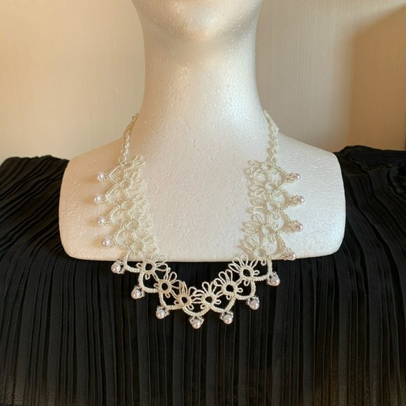 ♥️【4way】チョーカー・ネックレス／人気・定番・上品・豪華／ウエディング♡ブライダル☆タティングレース／白・ホワイト 3枚目の画像