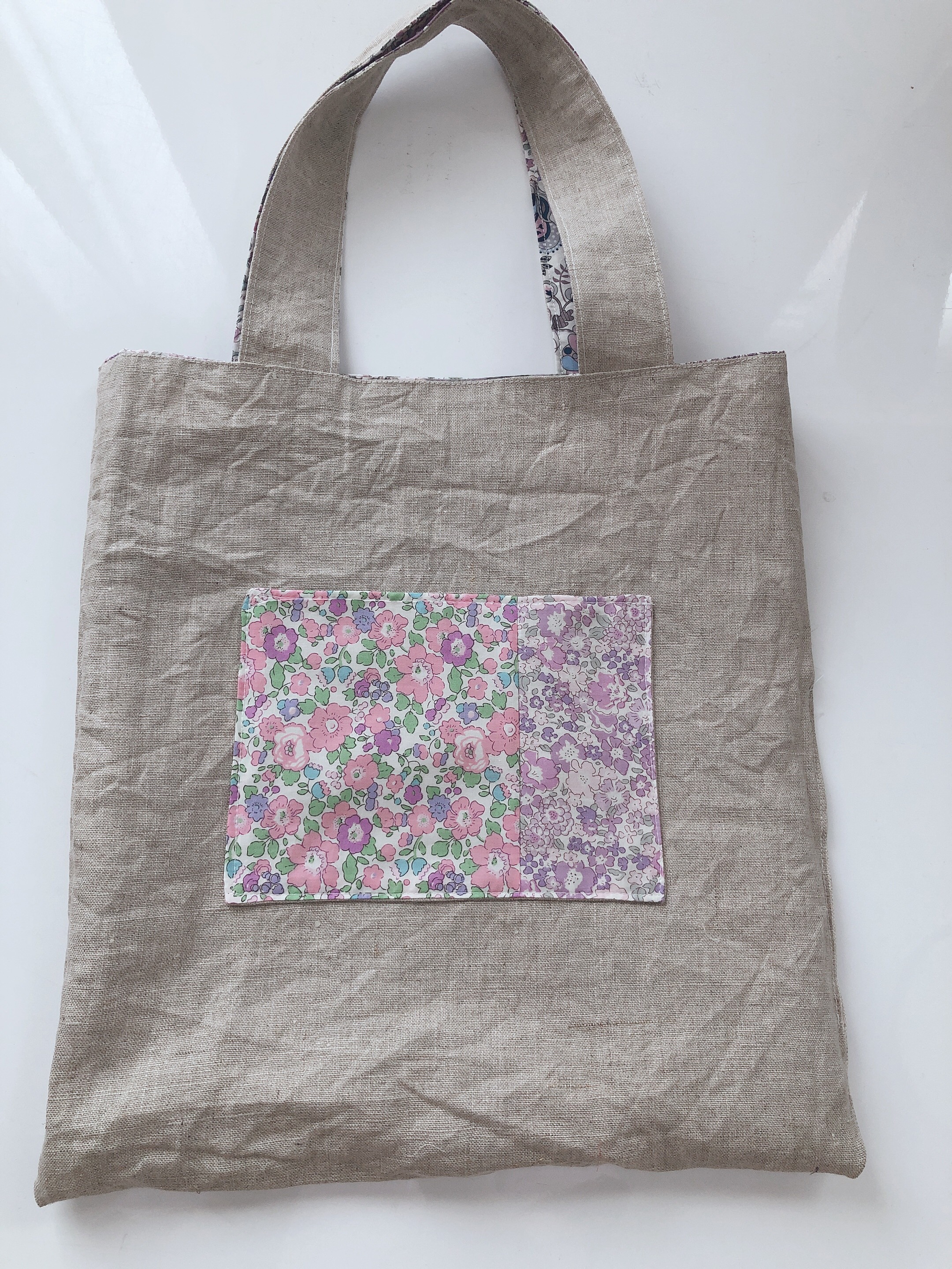 ◆matibari◆リバティパッチワークのペタンコトート◆パープル系×リネン、ナチュラル