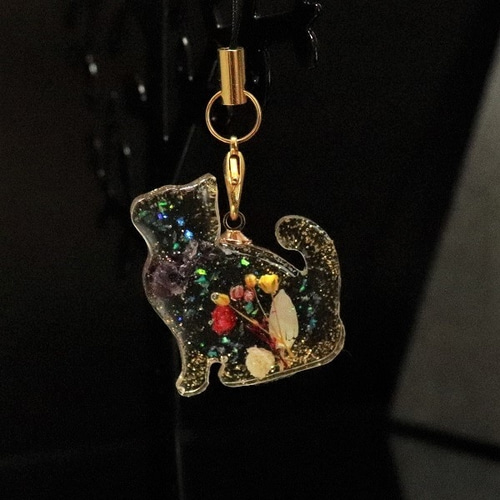 キーホルダー ドライフラワー ネコ レジン 携帯ストラップ Raven Rose