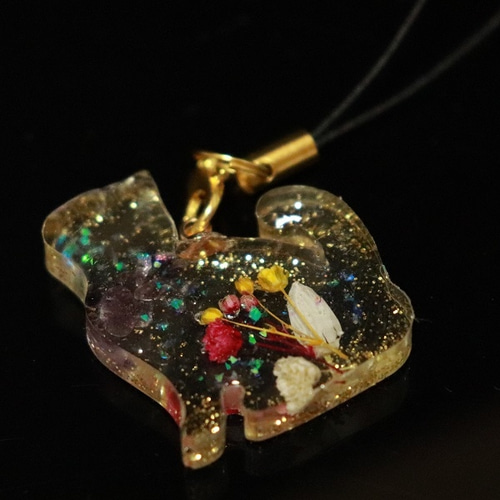 キーホルダー ドライフラワー ネコ レジン 携帯ストラップ Raven Rose