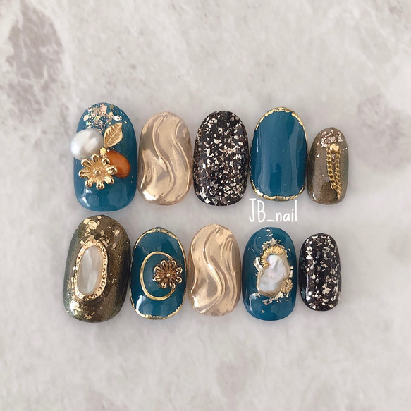 001】成人式ネイル/マリンブルー/ゴールド/うねうね/ミラーネイル/振袖  