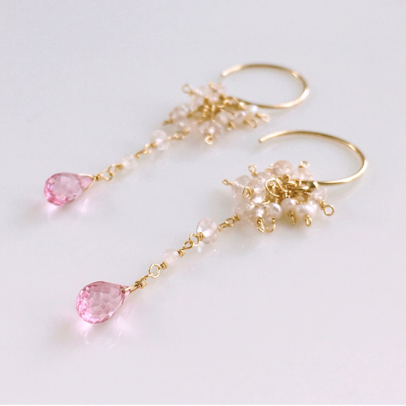 ピンクトパーズとローズクオーツのプリンセスピアス／イヤリング  