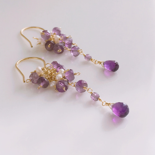 14kgf 淡水パールとアメシストのロングピアス