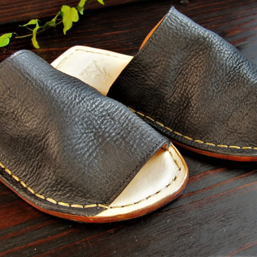 オーダーメイド 手縫い革スリッパ ブラック S SSサイズ スリッパ  