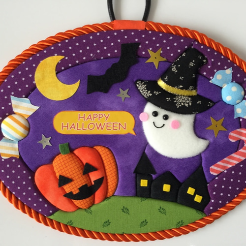 どんぐりアート♡Halloweenタペストリー風ライト付きリース♡