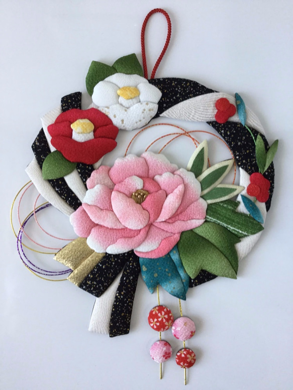 ハンドメイド 3連タペストリー 季節のお花 押し絵（キット】桃の