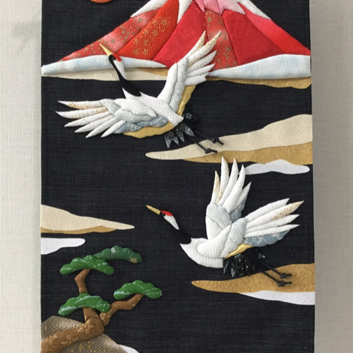 押絵】縁起物 赤富士と鶴 タペストリー タペストリー・壁掛け
