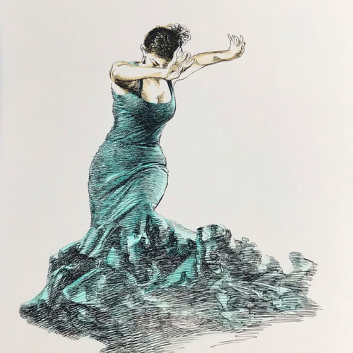 サクロモンテ・グラナダ フラメンコ水彩原画 直筆サイン 額装済み 62×53cm サクロモンテ・グラナダ フラメンコ水彩原画 直筆サイン 額装