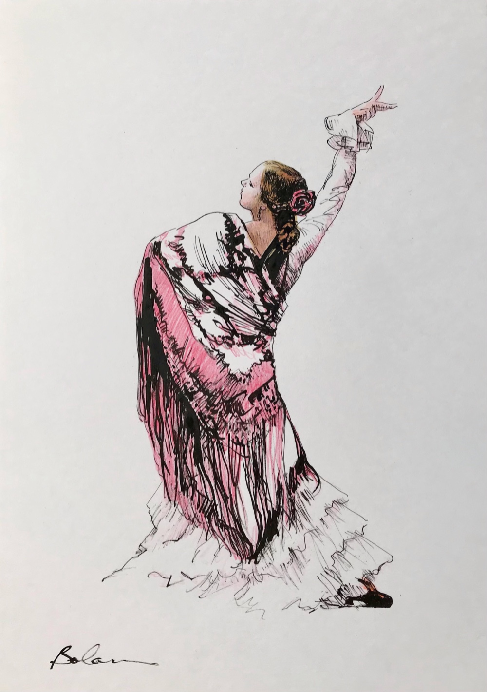 フラメンコ水彩原画 直筆サイン 62×53cm 額装済み サクロモンテ・グラナダ