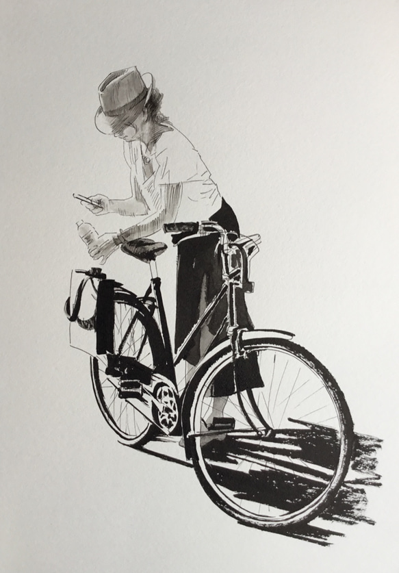 『 hot day 』＃原画＃一点物＃絵画＃インク＃自転車 1枚目の画像