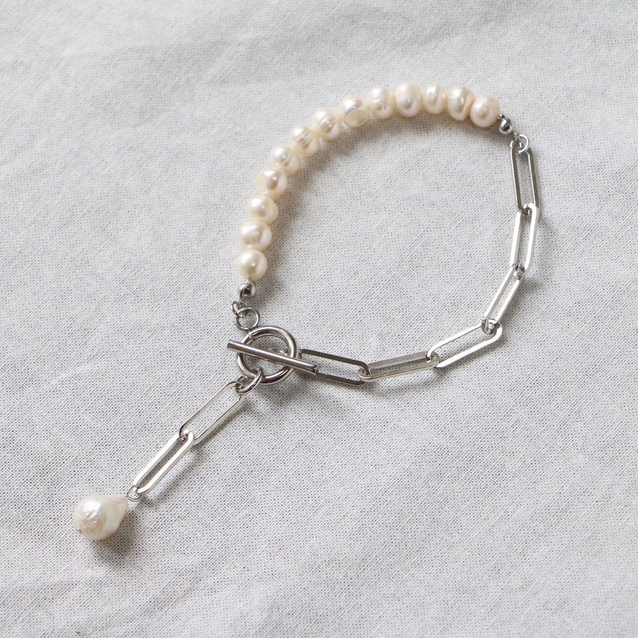 『金属アレルギー対応』淡水パールシルバーチェーンブレスレット