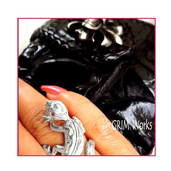 最上質 トカゲ の 指輪{銀のトカ1~30号OK 人気リング 宝石指定 両目に宝石 セット 蜥蜴 生命 躍動感 シルバー 17枚目の画像