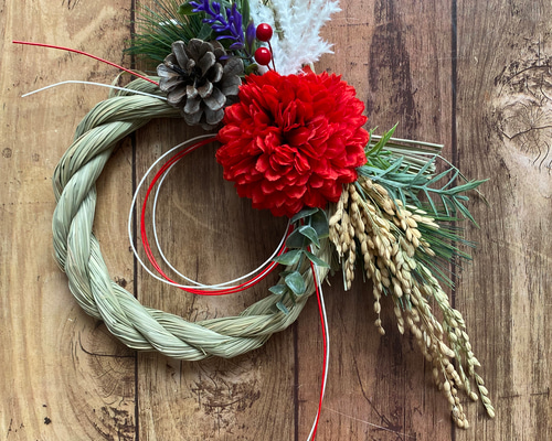 しめ縄③ お正月飾り　ハンドメイド　稲穂　アーティフィシャル　しめ縄リース No. 64 稲穂たっぷり！わら製しめ縄リース2022 ハンドメイドお正月飾り