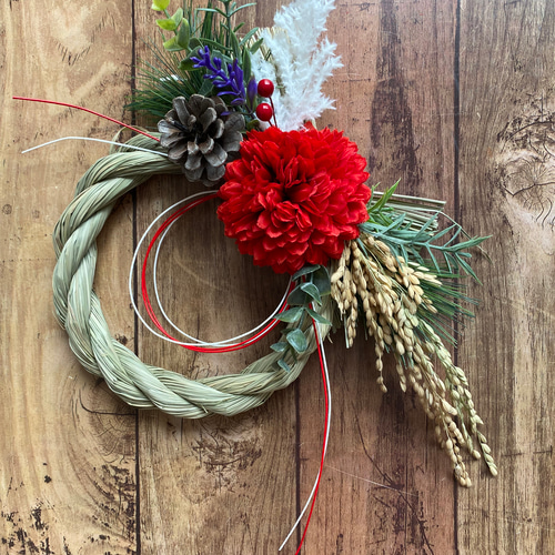 しめ縄④ お正月飾りハンドメイド稲穂アーティフィシャルしめ縄リース