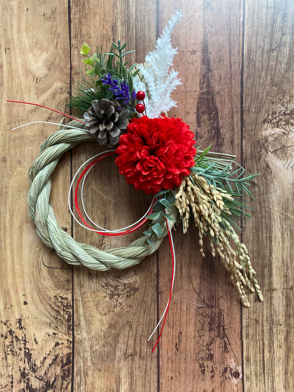 しめ縄⑤ お正月飾りハンドメイド稲穂アーティフィシャルしめ縄リース