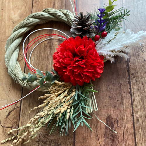 しめ縄⑤ お正月飾り　ハンドメイド　稲穂　アーティフィシャル　しめ縄リース No. 64 稲穂たっぷり！わら製しめ縄リース2022 ハンドメイドお正月飾り