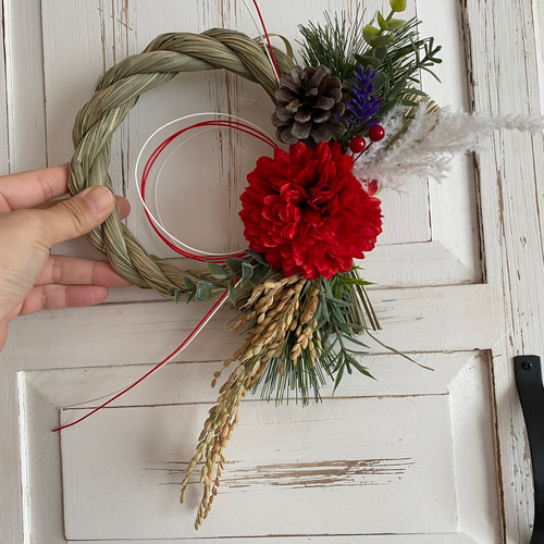 No. 64 稲穂たっぷり！わら製しめ縄リース2022 ハンドメイドお正月飾り