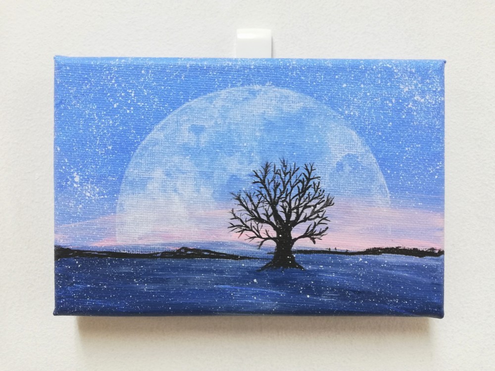【返品送料無料】 アクリル画 原画「小さな月夜の木」 チビスケッチアート 絵画 絵画