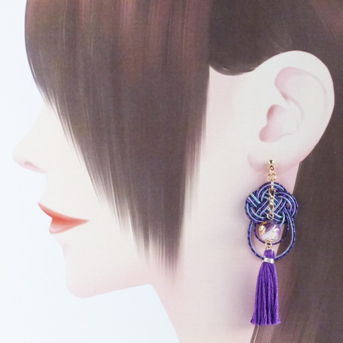 水引と和パール＆タッセルの和風ピアス～緑・紫～ ピアス（その他 