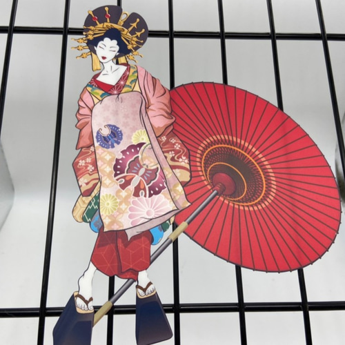 日本画オリジナルステッカー 花魁 Sサイズ サイズ選択可能 UV耐水 輪郭