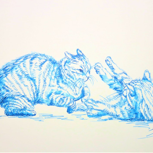 ガラスペン画 デッサン 一点物 猫 CAT FIGHT BLUE スケッチブック182