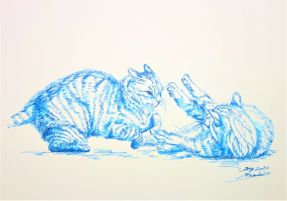 ガラスペン画 デッサン 一点物 猫 CAT FIGHT BLUE スケッチ