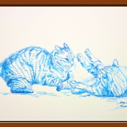 猫と蝶と青。　ペン画　手書き 猫と蝶と青。 ペン画 手書き