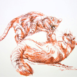 ガラスペン画　デッサン　一点物　猫　CAT FIGHT　RED　スケッチブック182㎜×275㎜　水性インク 1枚目の画像