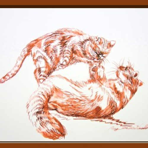 ガラスペン画 デッサン 一点物 猫 CAT FIGHT RED スケッチブック182 