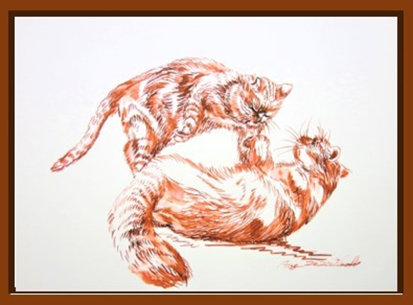 ガラスペン画　デッサン　一点物　猫　CAT FIGHT　RED　スケッチブック182㎜×275㎜　水性インク 2枚目の画像