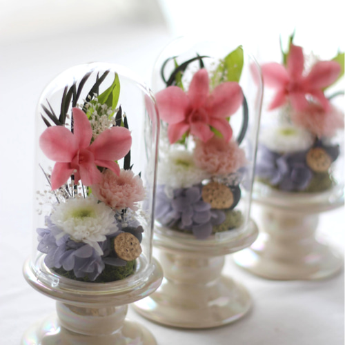 仏花　プリザーブドフラワー　一対　ガラスドーム（M）　自然素材のみ 夏の特別価格《受注生産品》ガラスドーム仏花 プリザーブド