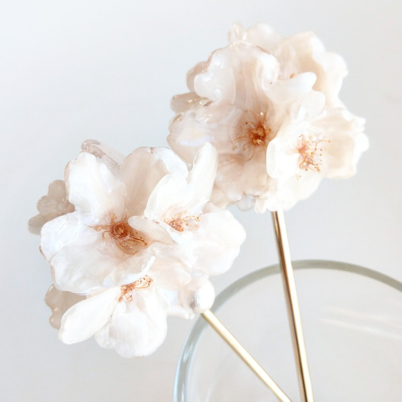 【受注制作】Everpink Sakura.　本物のお花　満開桜とコットンパールの玉かんざし　8輪使用　2本セット 8枚目の画像