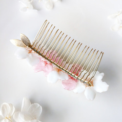 Everpink Sakura. 本物のお花　ソメイヨシノと早咲き桜の髪飾り　簪ヘアコーム　コットンパール/リーフ　 6枚目の画像